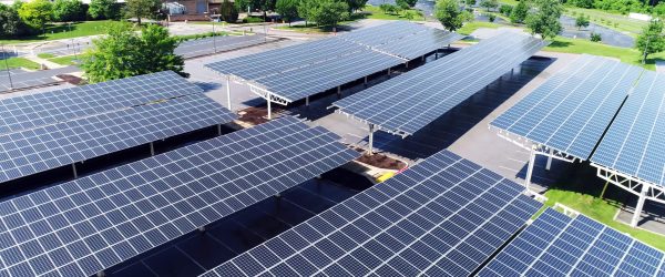 solar power in car station, Aerial view of solar paneled covered